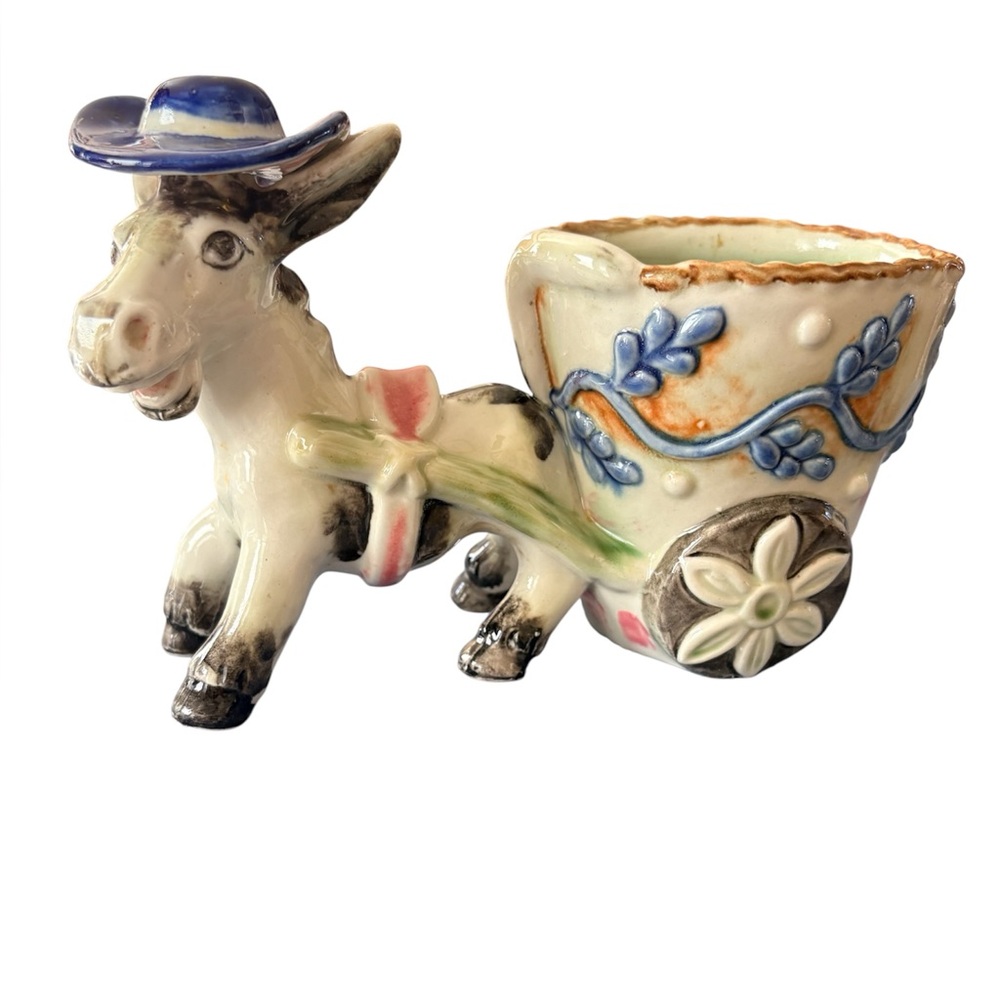 Vintage Charming Ceramic Donkey Cart Planter